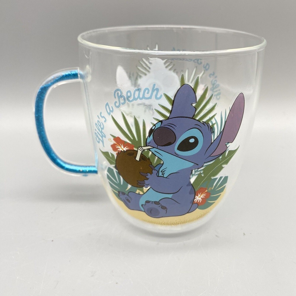 Disney Lilo & Stitch Life's a Beach Floating Glitter Handle 14oz Glass Mug